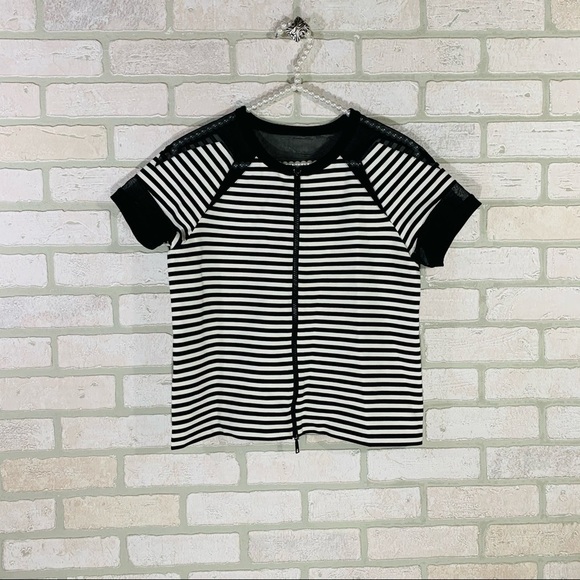 Lafayette 148 Short Sleeve Striped Zip Front Top - Picture 3 of 9